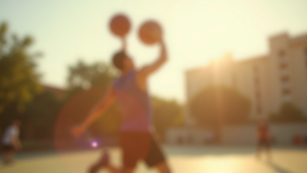 لاعب شاب يسدد كرة السلة في ملعب خارجي تحت الشمس، حركة ديناميكية، تركيز على التقنية